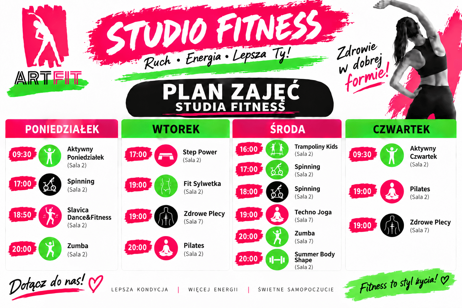Plan zajęć Studia Fitness ARTFIT - poniedziałek do czwartku