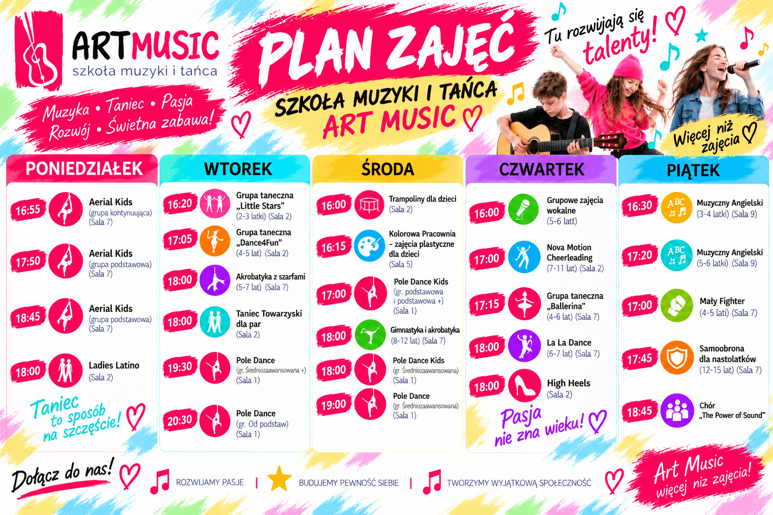 Plan zajęć Szkoły Muzyki i Tańca ARTMUSIC - poniedziałek do piątku